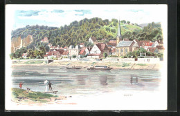 Lithographie Wehlen / Sachsen, Elbe-Partie Mit Blick Zum Ort  - Wehlen