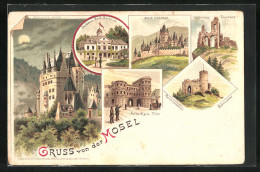 Lithographie Trier /Mosel, Porta Nigra, Burg Cochem, Ruine Landshut  - Trier