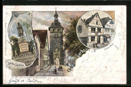 Lithographie Marbach A. N., Der Obere Torturm, Schiller-Haus, Schiller-Denkmal  - Marbach