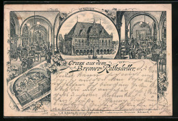 Vorläufer-Lithographie Bremen, 1891, Rathaus Und Gasthof Rathskeller  - Bremen