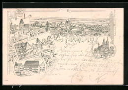 Lithographie Herrieden, Gasthof Zum Hirschen, Pfarrkirche, Panorama  - Other & Unclassified