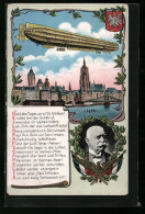Künstler-AK Frankfurt A. M., Zeppelin über Der Stadt  - Dirigeables