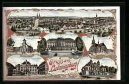 Lithographie Ludwigsburg, Schloss Monrepos, Dreifaltigkeitskirche, Garnisonkirche  - Ludwigsburg