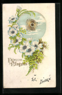 Präge-AK Fröhliche Pfingsten, Blüten Mit Goldener Sonne  - Pentecoste