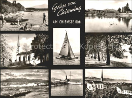 72220569 Chieming Chiemsee Strand Kirche Segelboot Sturm Bootsanleger Arlaching - Autres & Non Classés