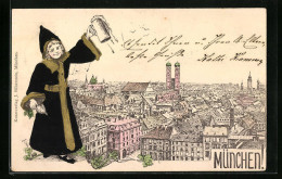 AK München, Ortsansicht Mit Frauenkirche Und Münchner Kindl Mit Bierkrug  - Muenchen