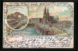 Lithographie Dresden, Augustusbrücke Und Helbigs Etablissement  - Dresden