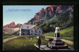 Cartolina Pordoijoch, Obelisk Und Touristenheim Mit Langkofel, Dolomiten  - Autres & Non Classés