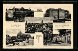 AK Plzen, Grand Hotel Smitka, Mestské Divadlo, Lochotín, Narodní Banka, Strassenbahn  - Tramways