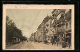 AK Wiesbaden, Strassenbahn In Der Rheinstrasse  - Tramways