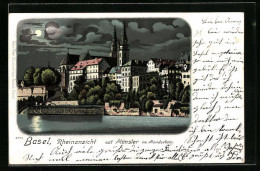 Lithographie Basel, Rheinansicht Mit Münster Im Mondschein  - Bazel