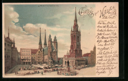 Lithographie Halle /Saale, Strassenpartie Am Marktplatz  - Andere & Zonder Classificatie