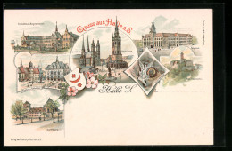 Lithographie Halle A. S., Rathaus Und Rathskeller, Moritzburg  - Andere & Zonder Classificatie