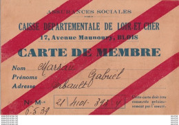 L3- BLOIS -  ASSURANCES SOCIALES - CAISSE DEPARTEMENTALE DU LOIR ET CHER - 17 AVENUE MAUNARY CARTE DE MEMBRE - 2 SCANS - Documents Historiques