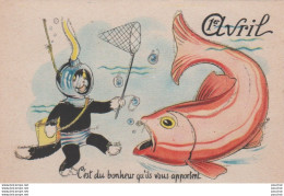 L19- ILLUSTRATEUR ROB VEL - POISSON 1er AVRIL - CHAT SCAPHANDRIER VEC EPUISETTE - (PHOTO CHROM TOULOUSE - 2 SCANS) - Autres & Non Classés