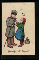 Künstler-AK Heimkehr Des Siegers, Mädchen Steckt Kleinem Soldaten Eine Blume An  - Guerra 1914-18