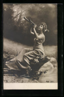 Foto-AK Atelier Reutlinger, Paris: Junge Dame Mit Bombarde In Einer Landschaft  - Photographs