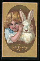 AK Easter Greetings, Mädchen Hält Osterhase Die Augen Zu  - Pâques