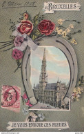 I15-  DE BRUXELLES - JE VOUS ENVOIE CES FLEURS - HOTEL DE VILLE AVEC FER A CHEVAL ET FLEURS - EN 1908 - Brussels (City)