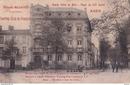 47) AGEN - GRAND HOTEL DU MIDI - PLACE DU 14 JUILLET - MILHAVET PROPRIETAIRE - TOURING CLUB DE FRANCE - 1915 - 2 SCANS - Agen