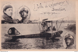 94) CHAMPIGNY VILLE SOUVENIR 25 MAI 1913 HYDRAVION ET EN MEDAILLON 3 AVIATEURS DIVETAIN ET PIGEOT ET ANSELME - 2 SCANS  - Champigny Sur Marne