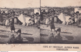 TANGER (MAROC)  CAMPEMENT DES PELERINS - CARTE STEREO - PUB CAFES ET CHOCOLATS ALFRED MARIE VERSAILLES - 2 SCANS   - Tanger