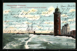 AK Cuxhaven, Semaphor, Leuchtturm Und Telegraphengebäude Bei Springflut  - Phares