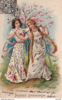 F16- CARTE GAUFREE AVEC DORURE - JOYEUX PRINTEMPS - COUPLE DE FEMMES - 1906 - 2 SCANS  - Femmes