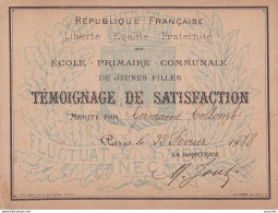 PARIS - ECOLE PRIMAIRE COMMUNALE DE JEUNES FILLES - TEMOIGNAGE DE SATISFACTION - LE 22 FEVRIER 1918 - Diploma & School Reports