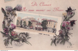 B2-92) CLAMART JE VOUS ENVOIE CES FLEURS - ( CARTE FANTAISIE FLEURS ET VUE DE LA PLACE DE LA GARE - 2 SCANS ) - Clamart