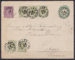 EP Envel. 10c Vert (Léopold 1869) +5x N°26 + N°46 Càd BRUXELLES 5 /17 JUIN 1889 Pour LIBAU Russie (au Dos: Càd Arrivée L - Briefe