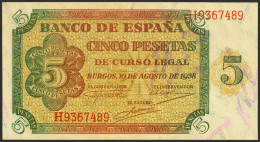 5 Pesetas. 10 De Agosto De 1938. Serie H. (Edifil 2021: 435a). Apresto Original - Other & Unclassified