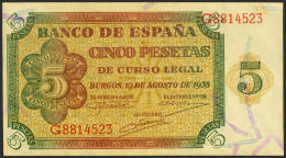 5 Pesetas. 10 De Agosto De 1938. Serie G. (Edifil 2021: 435a). Conserva Parte D - Autres & Non Classés