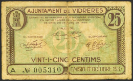 VIDRERES (GERONA). 25 Céntimos. Octubre 1937. Serie A. (González: 10648). Inusu - Autres & Non Classés