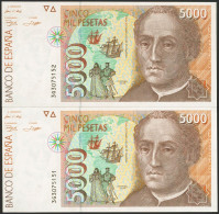 5000 Pesetas. 12 De Octubre De 1992. Pareja Correlativa. Serie 3G. (Edifil 2023 - Andere & Zonder Classificatie