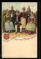 Lithographie Regensburg, Herr & Damen Tragen Bayerische Volkstrachten, Wappen  - Costumes