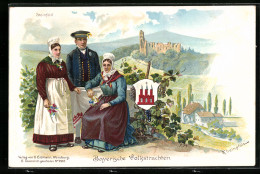 Lithographie Steinfeld, Mainfränkische Volkstrachten, Blick Zur Ruine  - Costumi