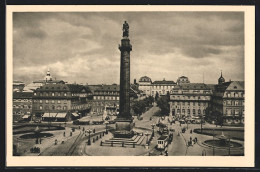 AK Darmstadt, Platz Mit Denkmal, Geschäften Und Strassenbahn  - Darmstadt