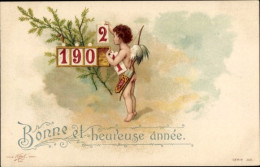 Lithographie Glückwunsch Neujahr, Engel, Amor, Jahreszahl 1902 - Año Nuevo