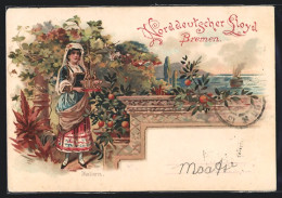 Lithographie Italienische Frau In Tracht Mit Wein  - Unclassified