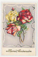 CPSM 9 X 14 Dentelée Rehaussée De Poudre Argenté Fleurs (7) Roses Heureux Anniversaire - Fleurs