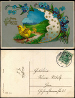 Glückwunsch Ostern / Easter Goldprägekarte Küken Wiese Riesen-Ei 1910 - Pâques