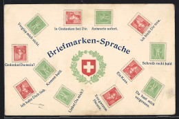 AK Briefmarkensprache Schweizer Briefmarken: Ich Habe Dich Lieb  - Timbres (représentations)