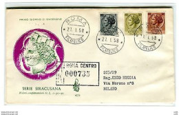 Italia FDC Venetia 1958 Siracusana Lit. 1, 50 E 90  Viaggiata Racc. Per L'Italia - FDC