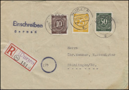 Ziffern-MiF 10+25+50 Pf. Auf R-Brief Not-R-Zettel Wurzen 10.12.47 Nach Stülingen - Lettres & Documents