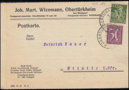 Firmenlochung JMW Auf Bergarbeiter 100 Pf MiF Auf Postkarte OBERTÜRKHEIM 3.7.22 - Altri & Non Classificati