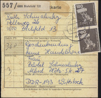 993 IuT 2x 180 Pf. MeF Auf Paketkarte BIELEFELD 6.8.80 Nach Wittstock In Die DDR - Lettres & Documents