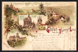 Lithographie Schwarzburg, Die Wartburg, Rudeslberg Und Saaleck, Dom In Erfurt  - Erfurt