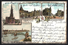 Lithographie Düsseldorf, Johanniskirche, Neue Rheinbrücke, Markt-Platz  - Duesseldorf