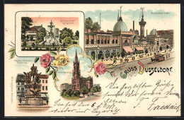 Lithographie Düsseldorf, Arabisches Café, Brunnen In Der Königsallee, Kaiser-Wilhelm-Denkmal, Johannes-Kirche  - Duesseldorf